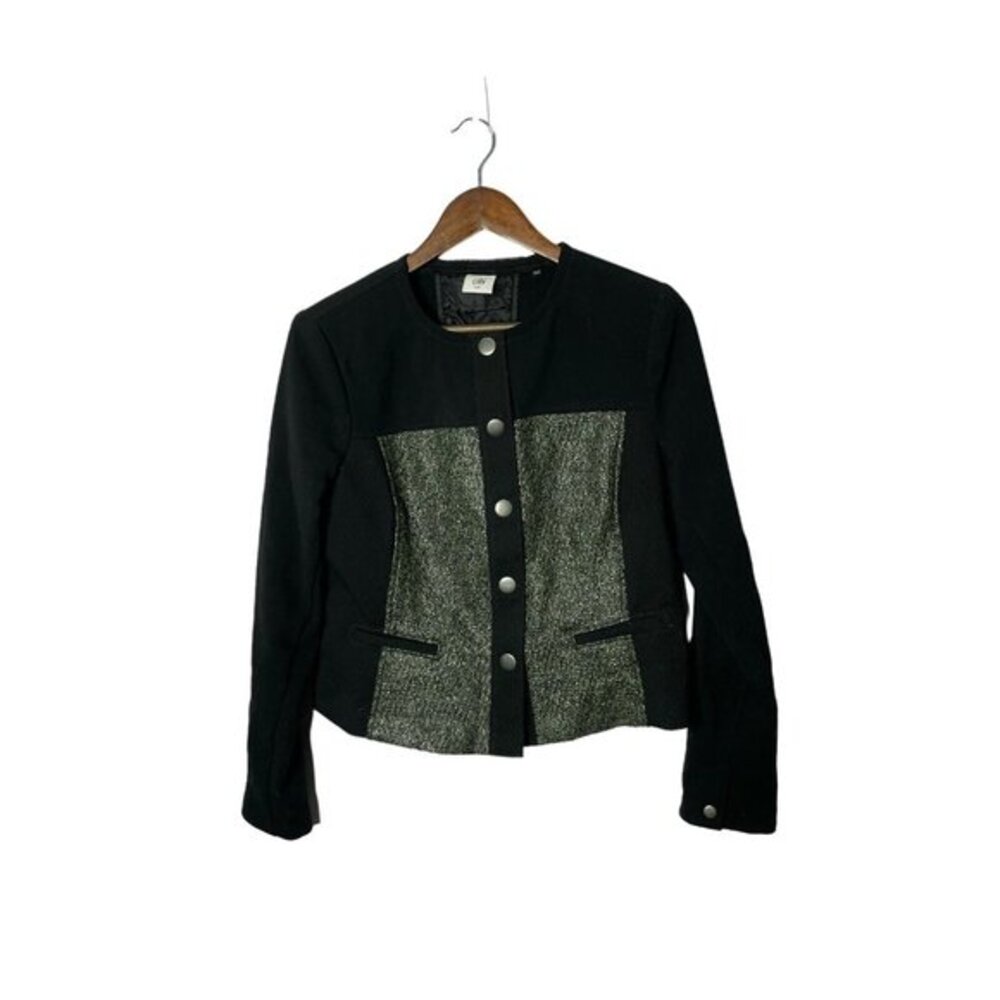 CAbi Women 3036 Mixed Media Jacket Black Green Contrast Knit Cropped Blazer Size